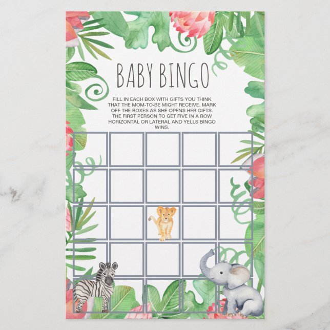 Cute Safari Animal Tropical Floral Baby Bingo Flyer (Front)