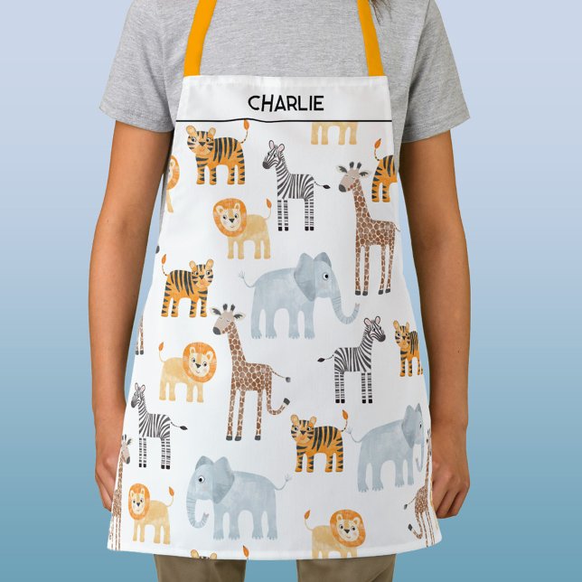 Cute Safari Animal Watercolor Personalised Name Apron (Personalized custom name fun baby safari animal apron with watercolor lion, tiger, zebra and more)