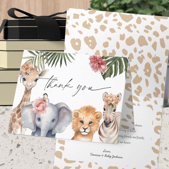 Cute Safari Animals baby Girl Shower Thank You (Baby Girl Shower Safari Animals, A little Wild One is on Her way themed Baby Shower Thank You cards.)