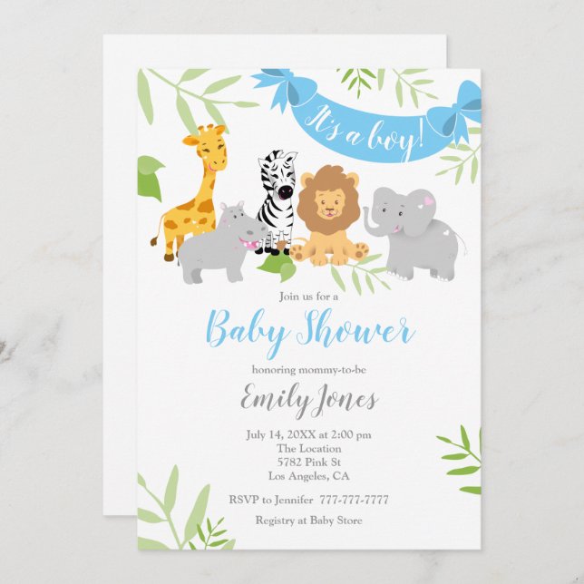 Cute Safari Animals Baby Shower Boy Invitation (Front/Back)