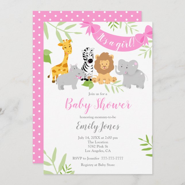 Cute Safari Animals Baby Shower Girl Invitation (Front/Back)