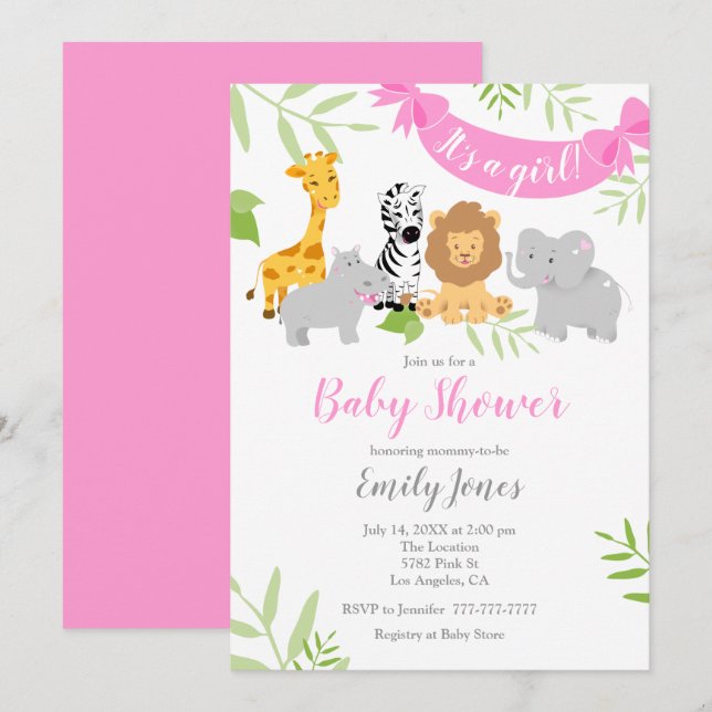 Cute Safari Animals Baby Shower Girl Invitation (Front/Back)