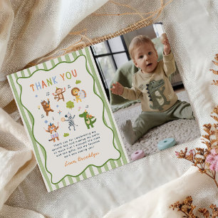 Cute Safari Animals Boy 1st Birthday Photo Thank You Card