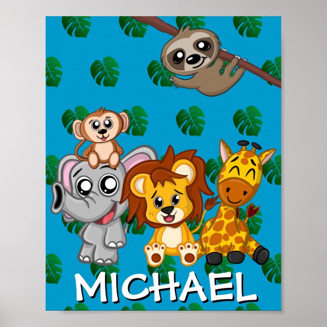 Cute Safari Animals Cartoon Jungle Name Blue Poster (Front)