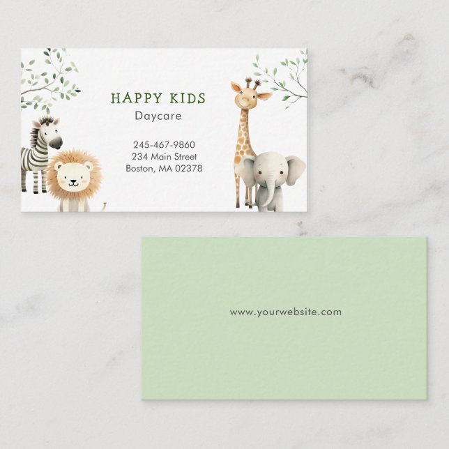 Cute Safari Animals Childcare Daycare Business Card (Front/Back)