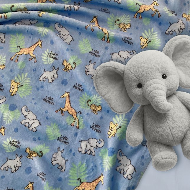 Cute Safari Animals Colourful Name Baby Kids Blue Fleece Blanket (Creator Uploaded)