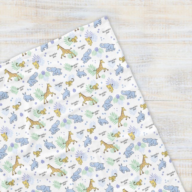 Cute Safari Animals Colourful Name Baby Kids White Fleece Blanket (Creator Uploaded)