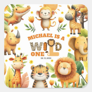 Cute Safari Animals Festive WILD ONE 1st Birthday  Square Sticker