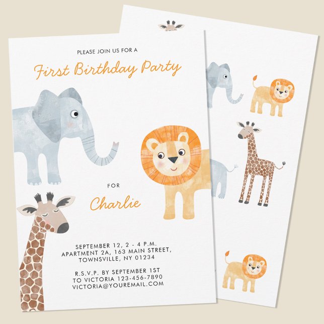 Cute Safari Animals First 1st Birthday Party Invitation (Fun baby safari animal themed first birthday party invitations with lion giraffe and elephant. )