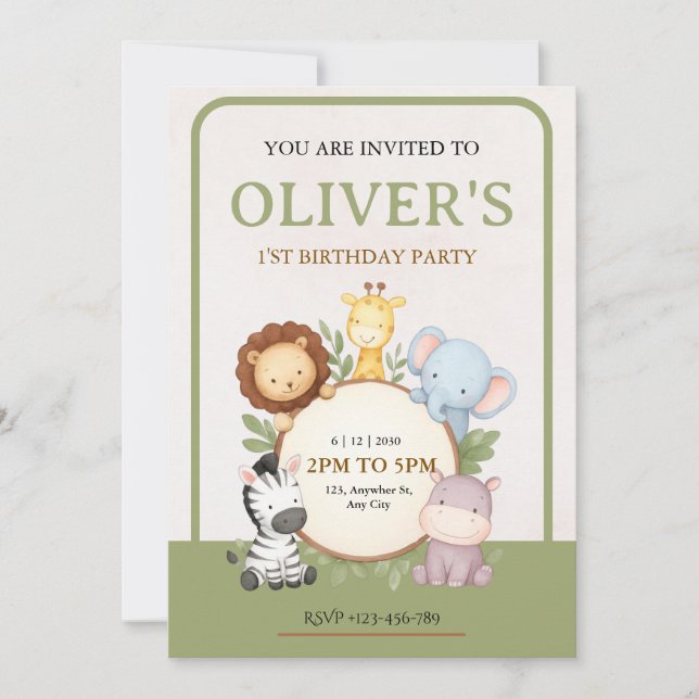 Cute Safari Animals First Birthday Party Invite (Front)