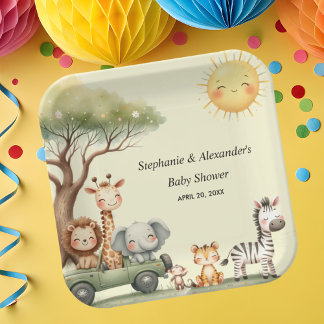 Cute safari animals gender neutral baby shower paper plate