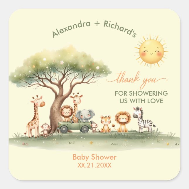 Cute safari animals gender neutral baby shower square sticker (Front)