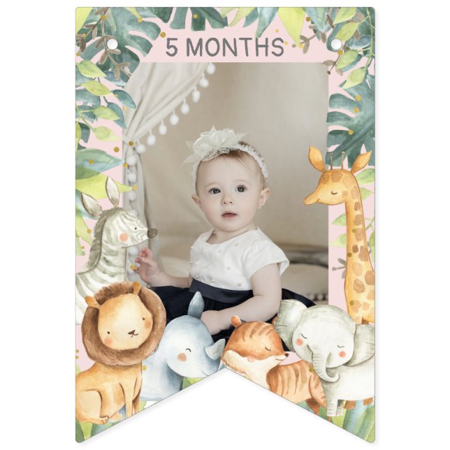 Cute safari animals girl first birthday photo bunting  (First Flag)