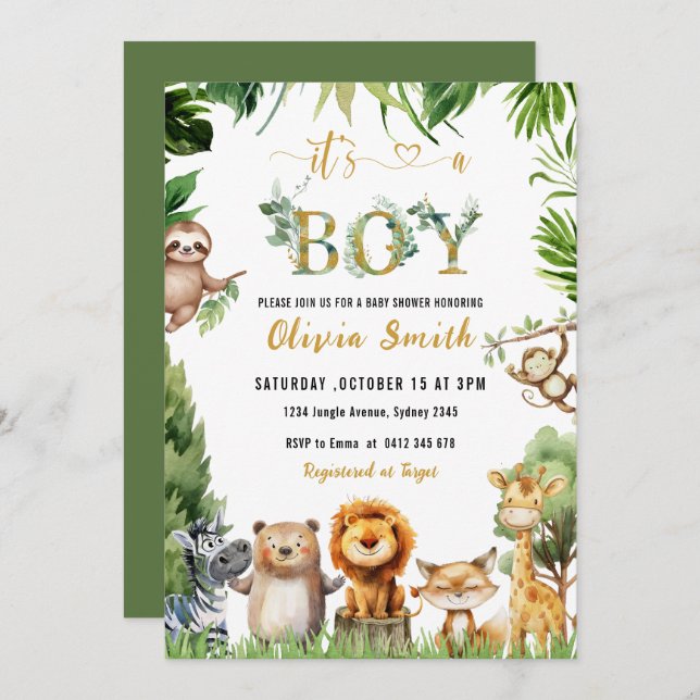Cute Safari Animals Jungle Boy Baby Shower Invitation (Front/Back)