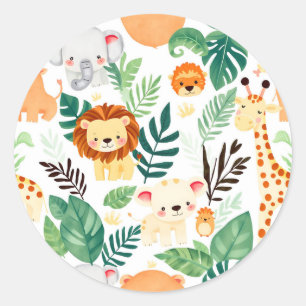 Cute Safari Animals Jungle Pattern Classic Round Sticker