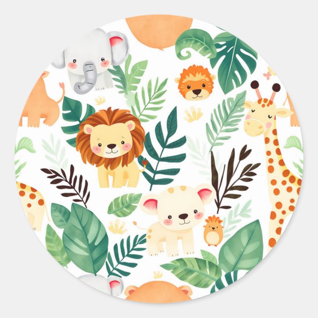Cute Safari Animals Jungle Pattern Classic Round Sticker (Front)