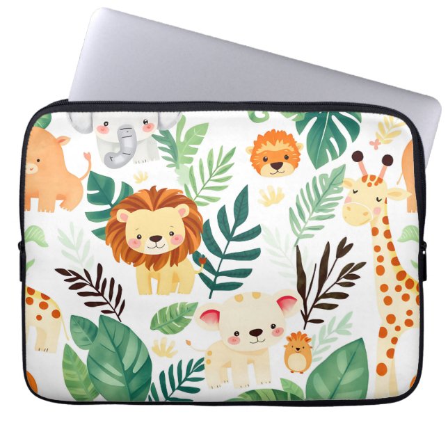 Cute Safari Animals Jungle Pattern Laptop Sleeve (Front)