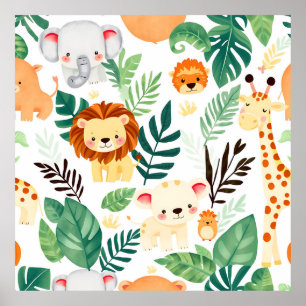 Cute Safari Animals Jungle Pattern Poster