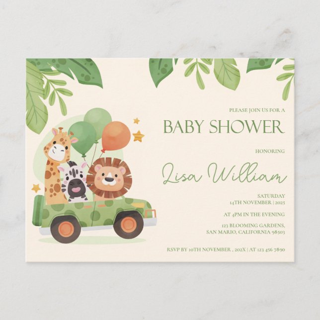 Cute Safari Animals Leafy  Baby Shower Invitation Postcard (Front)