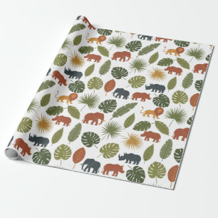 Cute Safari Animals & Leaves Birthday Wrapping Paper