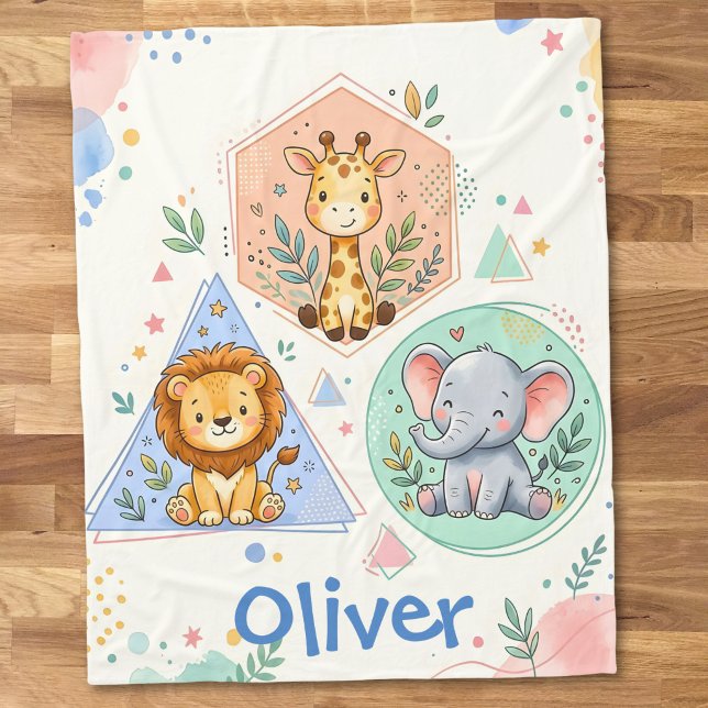 Cute Safari Animals Lion Giraffe Elephant Fleece Blanket (Creator Uploaded)
