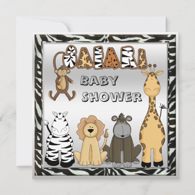 Cute Safari Animals Neutral Silver Baby Shower Invitation (Front)