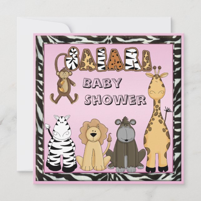Cute Safari Animals Pink Baby Girl Shower Invitation (Front)