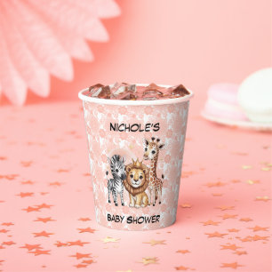 Cute Safari Animals Pink Florals Girl Baby Shower Paper Cups