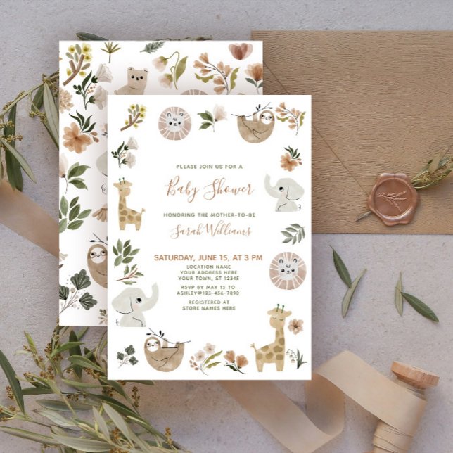 Cute Safari Animals Script Brown Boho Baby Shower Invitation (Creator Uploaded)
