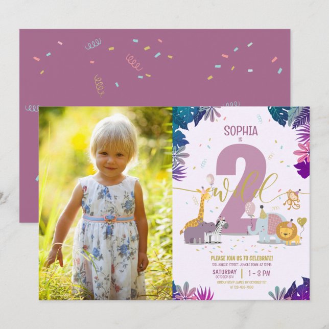 Cute Safari Animals Two Wild Girl Photo Birthday Invitation (Front/Back)