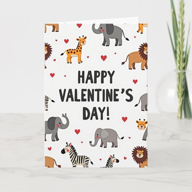 Cute Safari Animals Valentines Day Card (Front)