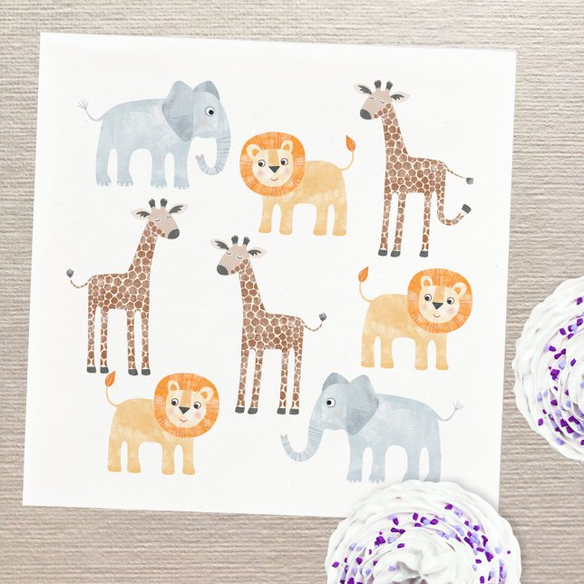Cute Safari Animals Watercolor Pattern Napkin (Fun safari animal baby elephant giraffe and lion watercolor party paper napkins)
