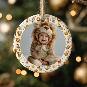 Cute Safari Animals WILD ONE 1st Birthday Photo Ceramic Tree Decoration