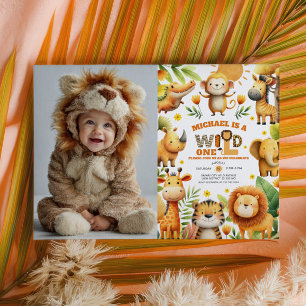 Cute Safari Animals WILD ONE 1st Birthday Photo Invitation