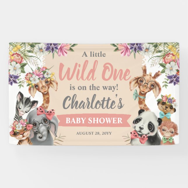 Cute Safari Animals Wild One Girl Baby Shower Banner (Horizontal)