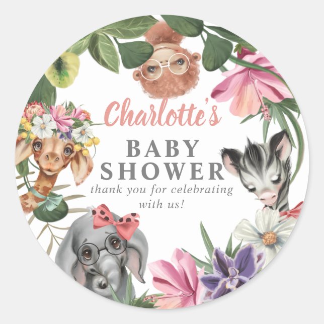 Cute Safari Animals Wild One Girl Baby Shower Classic Round Sticker (Front)