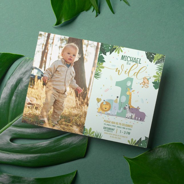 Cute Safari Animals Wild One Photo Birthday Invitation (Creator Uploaded)