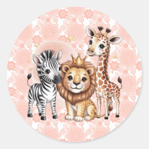 Cute Safari Animals With Pink Florals Classic Round Sticker