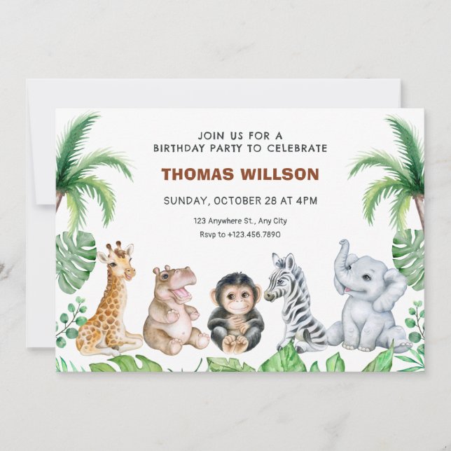 Cute safari baby animals birthday invitation (Front)