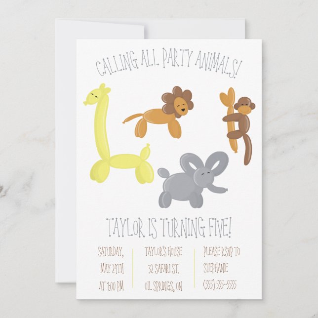 Cute Safari Balloon Animals Birthday Party Invitation (Front)
