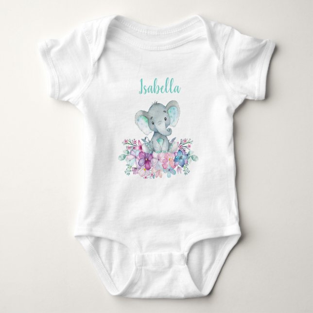 Cute Safari Elephant Floral Watercolor Baby Bodysuit (Front)