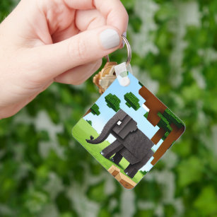 Cute Safari Elephant Pixel Art Key Ring