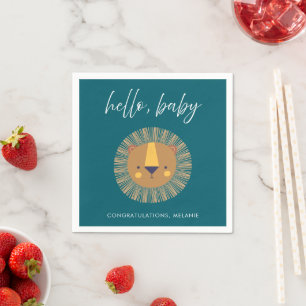 Cute Safari Hello Baby Lion Blue Baby Shower Napkin