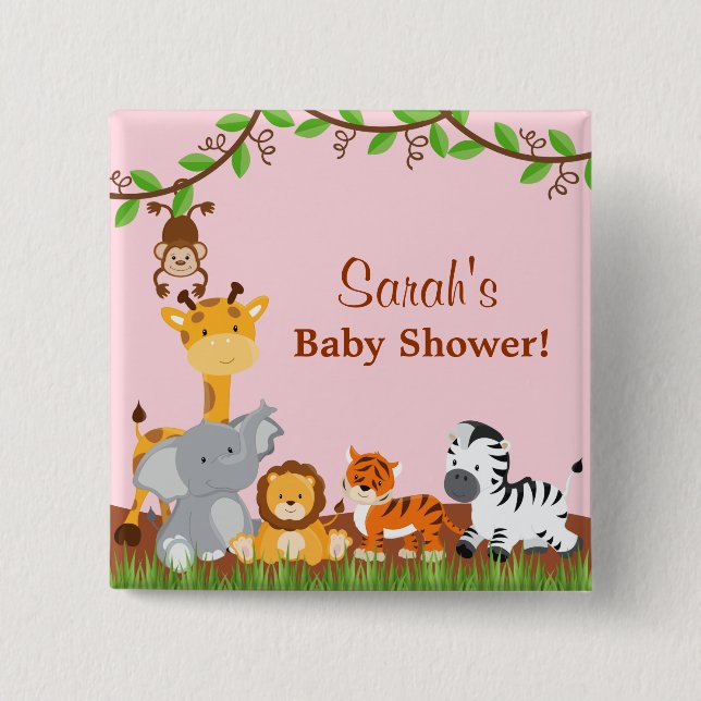Cute Safari Jungle Animal Girl Baby Shower Button (Front)
