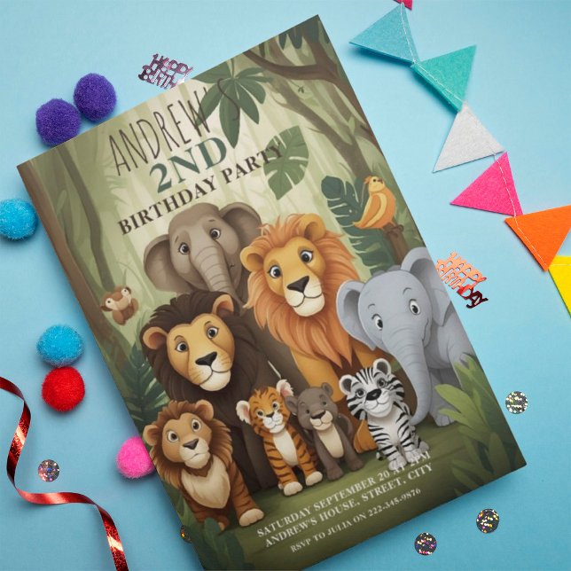 Cute Safari Jungle Animals 2nd Birthday Party  Invitation (Creator Uploaded)