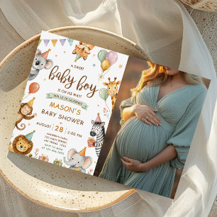 Cute Safari Jungle Animals Baby Boy Shower Photo Invitation