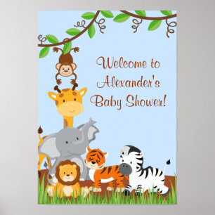 Cute Safari Jungle Animals Baby Boy Shower Poster