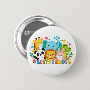 Cute Safari Jungle Animals Best Friends Button Pin