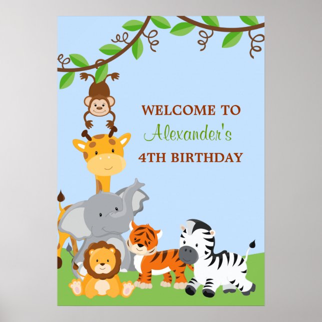 Cute Safari Jungle Animals Birthday Party Banner Poster (Front)