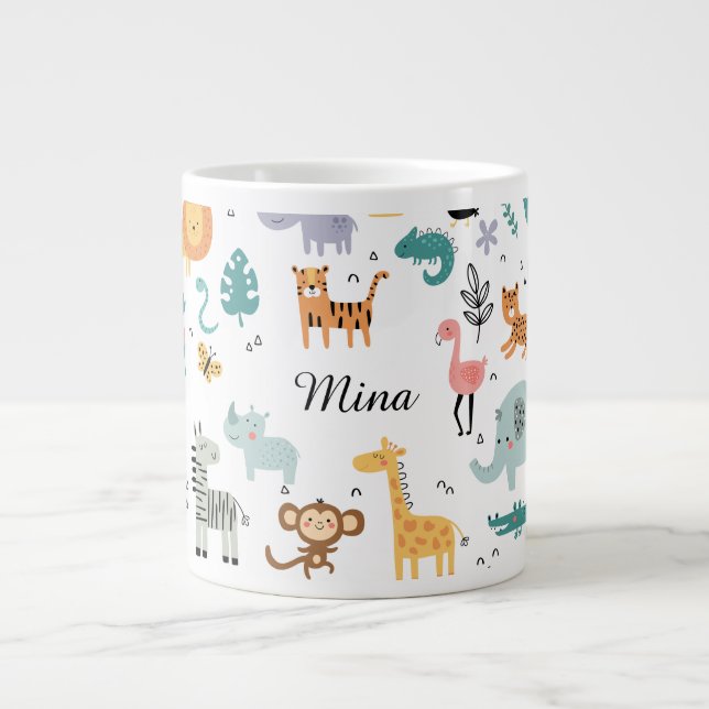 Cute Safari Jungle Animals Personalized Baby Name Large Coffee Mug (Front)